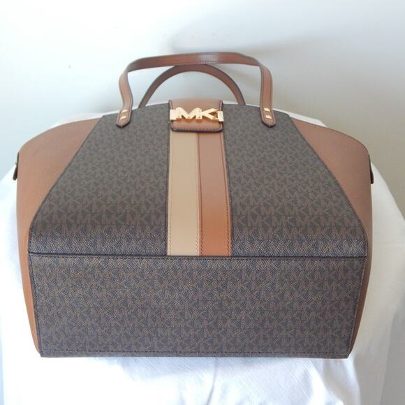 MICHAEL KORS KARLIE Monogram Center Stripes Studs Brown Multi Large Tote Bag NWT - Picture 6 of 12